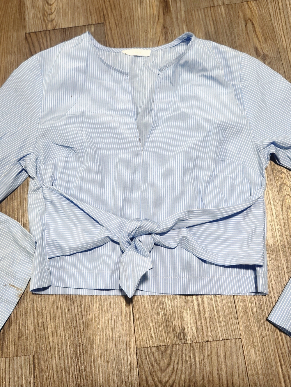 Lush Light Blue Pinstripe Tie-Front Blouse